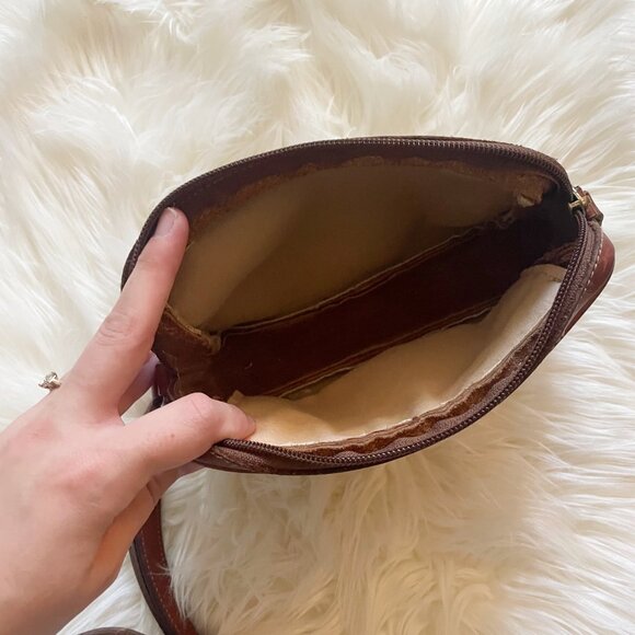 VTG Roots Red Brown Leather Cream Woven Canvas Crossbody Purse Bag - Picture 8 of 9